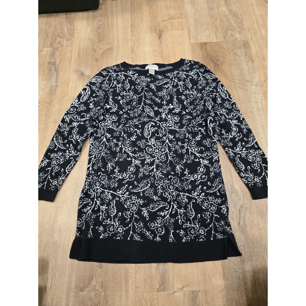 LOFT Outlet Sweater Tunic Small S Black White Paisley‎ Floral Knit 100% Cotton